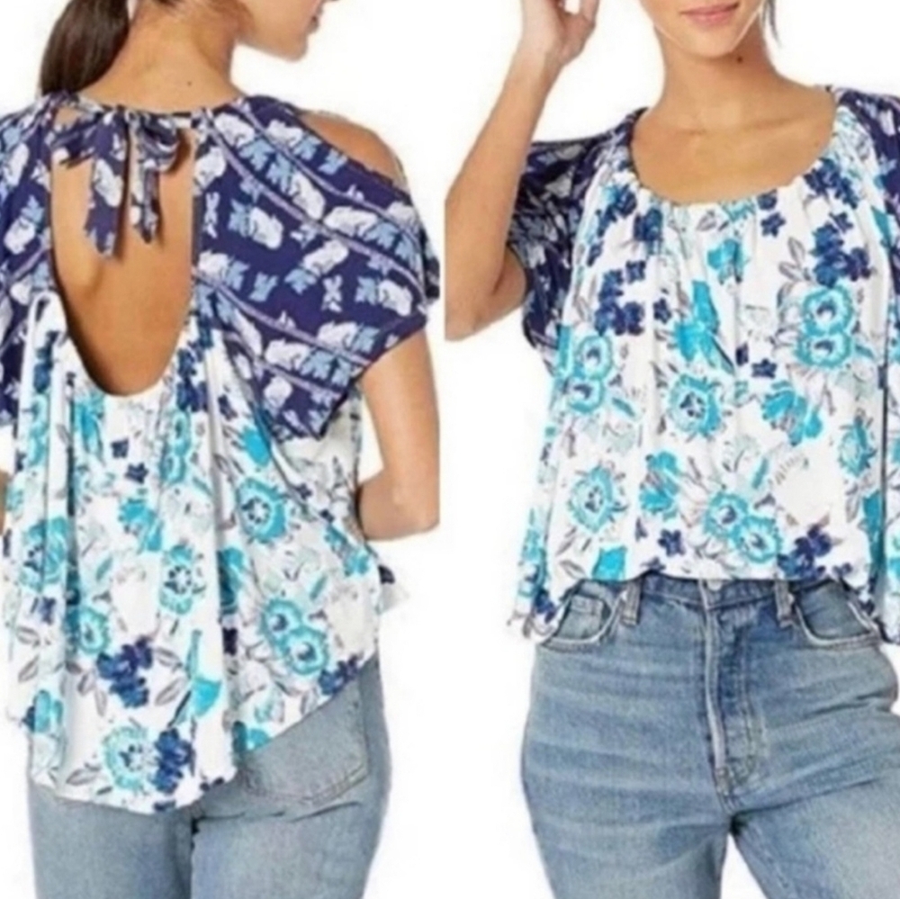 NWT Free People Blue & White Baja Babe Cold Shoulder Knit Top Size XS Retail $78